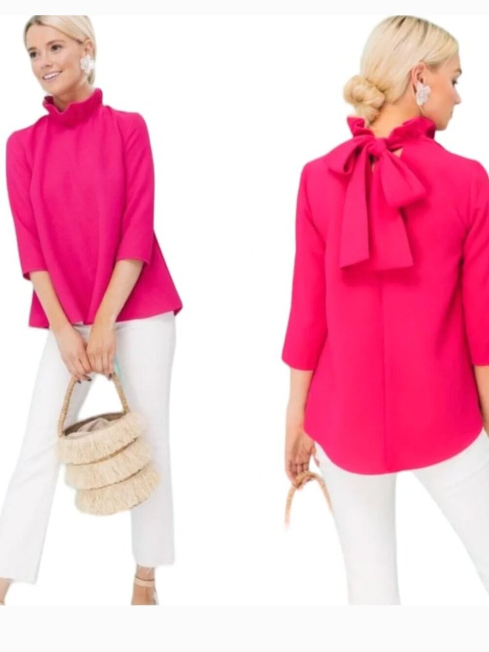 Pomander Place Faye Blouse Top Ruffle Collar Tie Bow Back Shirt Pink Size Medium